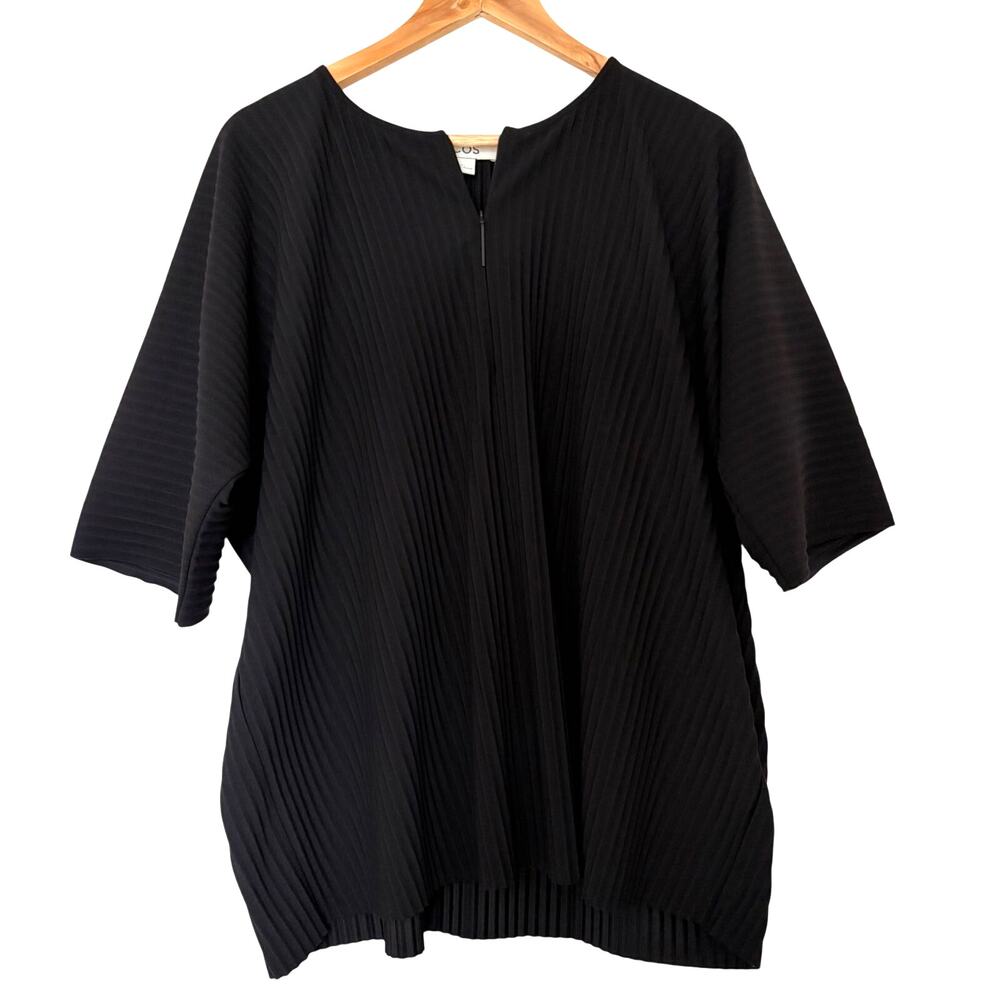 COS Pleated Front Zip Blouse Top Black Size L Oversized Minimalist Lagenlook
